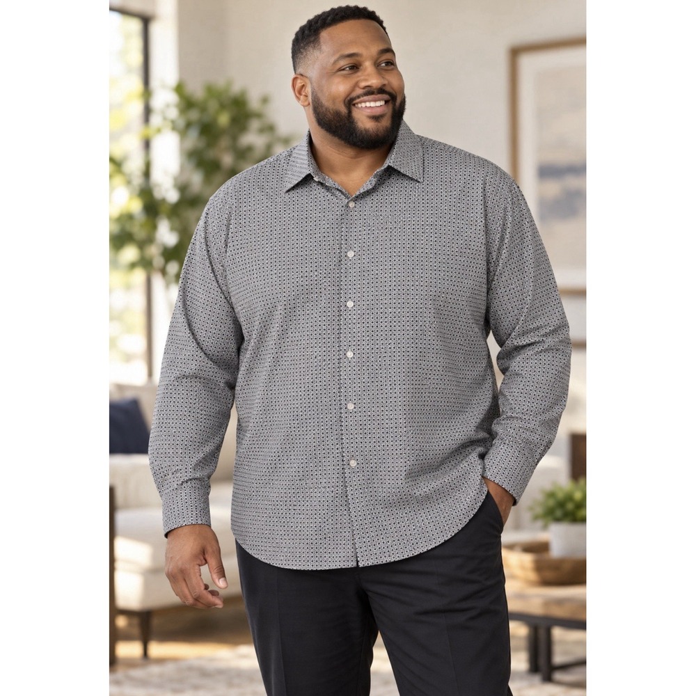 Shaquille O'Neal Men's XLG Big Fit Button Down Shirt Black Ditsy Floral Stretch